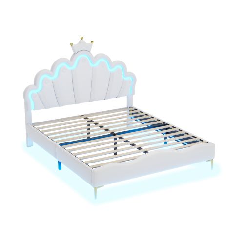 Lit Pour Enfant 140x200 Cm, Lit Double Plat, Lit De Princesse En Forme De Couronne, Blanc