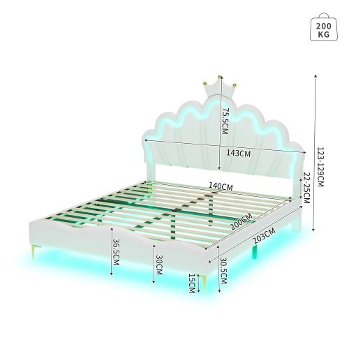 Lit Pour Enfant 140x200 Cm, Lit Double Plat, Lit De Princesse En Forme De Couronne, Blanc