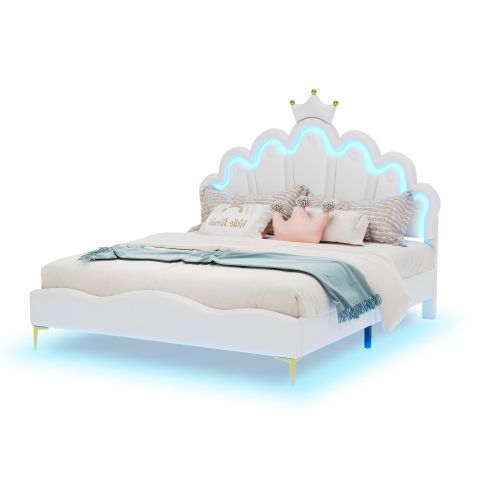 Lit Pour Enfant 140x200 Cm, Lit Double Plat, Lit De Princesse En Forme De Couronne, Blanc