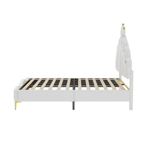 Lit Pour Enfant 140x200 Cm, Lit Double Plat, Lit De Princesse En Forme De Couronne, Blanc