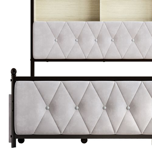 Lit Double 160x200 Cm Avec Tête De Lit Réversible, Prise USB Et éclairage LED - Design Flottant En Lin Gris - 3