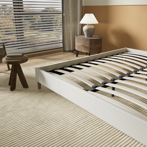Sommier 140x200 cm, Tissu blanc crème, Pieds en bois