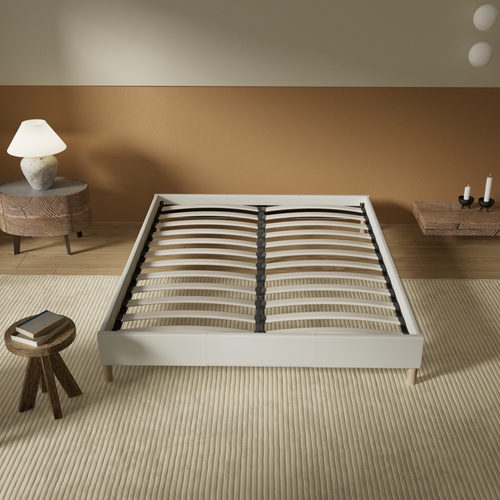 Sommier 140x200 cm, Tissu blanc crème, Pieds en bois