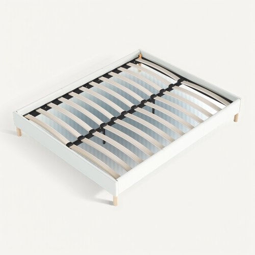 Sommier 140x200 cm, Tissu blanc crème, Pieds en bois