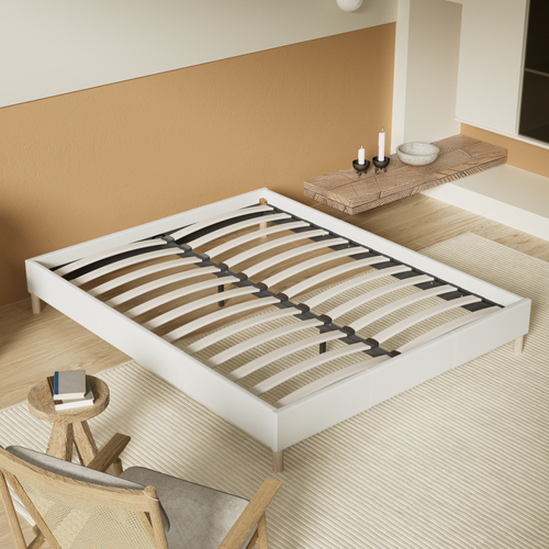 Sommier 180x200 Cm, Tissu Blanc Crème, Pieds En Bois