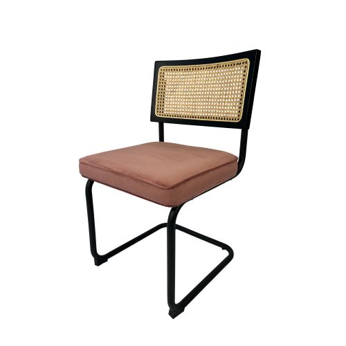 Chaise Cannage En Canne De Rotin, Cadre En Bois Noir, Assise En Velours Rose, Pied En Métal Noir