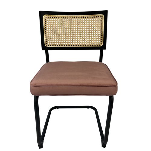 Chaise Cannage En Canne De Rotin, Cadre En Bois Noir, Assise En Velours Rose, Pied En Métal Noir