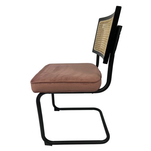 Chaise Cannage En Canne De Rotin, Cadre En Bois Noir, Assise En Velours Rose, Pied En Métal Noir