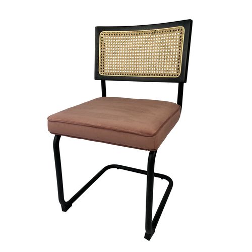 Chaise Cannage En Canne De Rotin, Cadre En Bois Noir, Assise En Velours Rose, Pied En Métal Noir