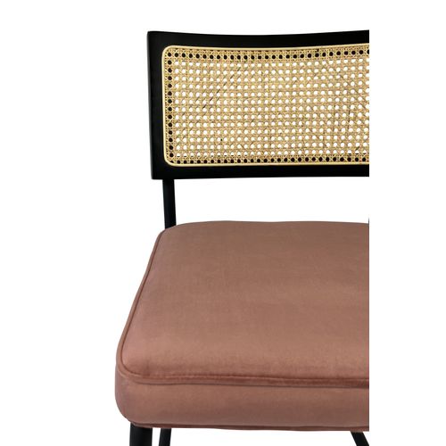 Chaise Cannage En Canne De Rotin, Cadre En Bois Noir, Assise En Velours Rose, Pied En Métal Noir