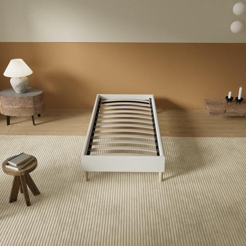 Sommier 90x190 cm, Tissu blanc crème, Pieds en bois