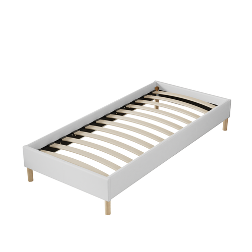 Sommier 90x190 cm, Tissu blanc crème, Pieds en bois