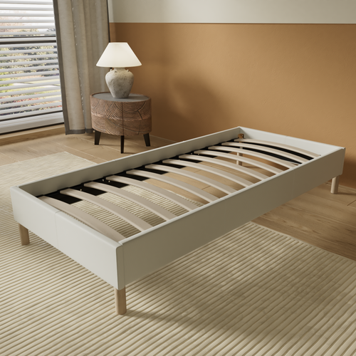 Sommier 90x190 cm, Tissu blanc crème, Pieds en bois