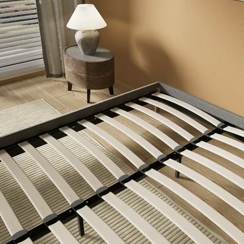 Sommier 140x200 Cm, Tissu Gris, Pieds En Bois