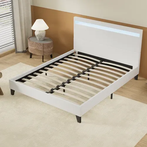 Lit 140x200 cm Éclairage LED Simili-cuir Blanc