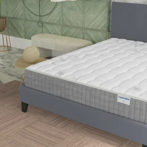 Ensemble 140x190 cm, Lit avec tête de lit + Matelas Ressorts Ensachés, ép. 25cm à mémoire de forme