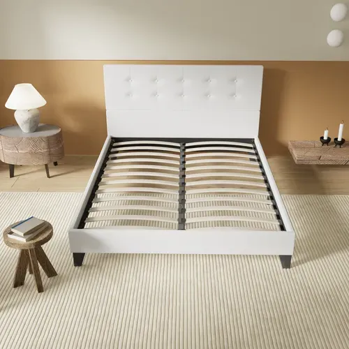 Lit 120x190 Cm Avec Tête De Lit Simili-cuir Blanc