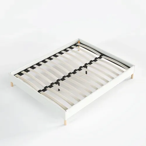Sommier 120x190 Cm,  Tissu Blanc Crème, Pieds En Bois