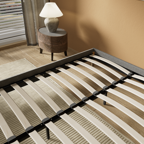Sommier 120x190 Cm, Tissu Gris, Pieds En Bois