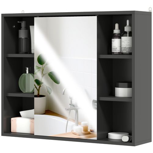 Armoire De Salle De Bain Murale Avec Miroir En Mdf Et Panneau Noir 60x14.5x49.4 Cm