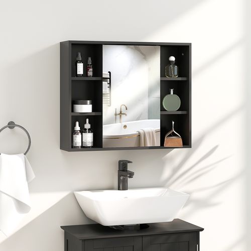 Armoire De Salle De Bain Murale Avec Miroir En Mdf Et Panneau Noir 60x14.5x49.4 Cm