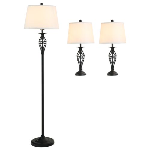 Lot De 3 Lampes 1 Lampadaire Et 2 Lampes De Table En Métal Noir Et Blanc