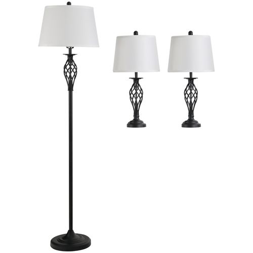 Lot De 3 Lampes 1 Lampadaire Et 2 Lampes De Table En Métal Noir Et Blanc