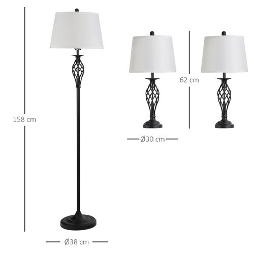 Lot De 3 Lampes 1 Lampadaire Et 2 Lampes De Table En Métal Noir Et Blanc
