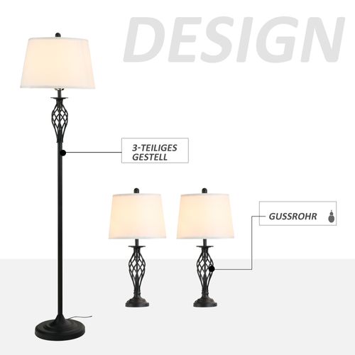 Lot De 3 Lampes 1 Lampadaire Et 2 Lampes De Table En Métal Noir Et Blanc