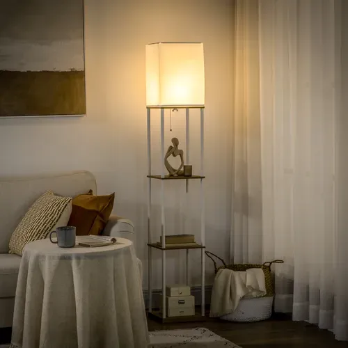 Lampadaire Avec 3 étagères En Mdf Et Métal Blanc Et Marron 26x26x159 Cm