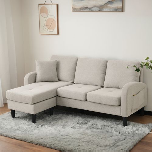 Sofa D'angle Compact 3 Places En Coton-lin 166x118x77 Cm Méridienne Intégrée, Beige élégant