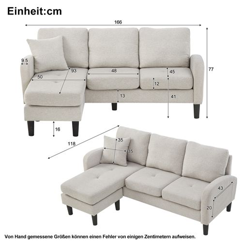 Sofa D'angle Compact 3 Places En Coton-lin 166x118x77 Cm Méridienne Intégrée, Beige élégant