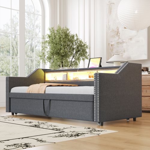 Lit Convertible 90/180 X 190 Cm, Avec Rangement Multifonction, LED Et Ports USB, Gris Foncé
