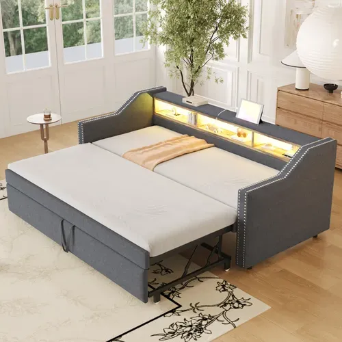 Lit Convertible 90/180 X 190 Cm, Avec Rangement Multifonction, LED Et Ports USB, Gris Foncé