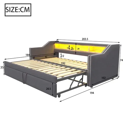 Lit Convertible 90/180 X 190 Cm, Avec Rangement Multifonction, LED Et Ports USB, Gris Foncé