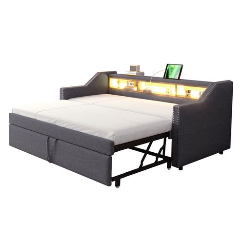 Lit Convertible 90/180 X 190 Cm, Avec Rangement Multifonction, LED Et Ports USB, Gris Foncé