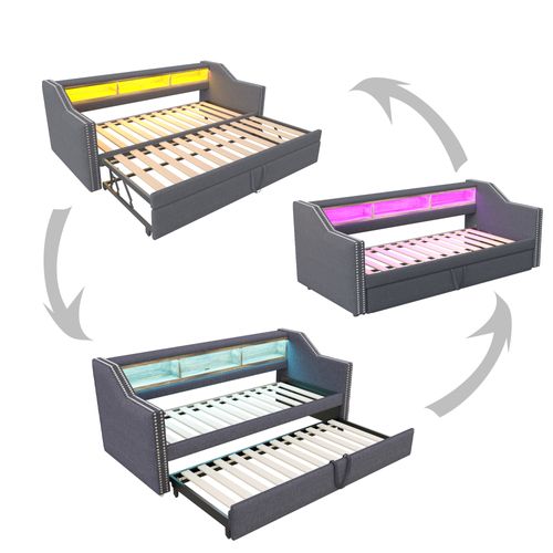 Lit Convertible 90/180 X 190 Cm, Avec Rangement Multifonction, LED Et Ports USB, Gris Foncé