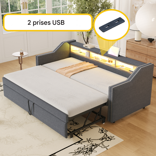Lit Convertible 90/180 X 190 Cm, Avec Rangement Multifonction, LED Et Ports USB, Gris Foncé