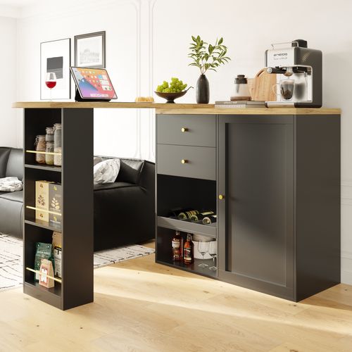 Table De Bar Pivotante 360° Bois, 105x39x102 Cm, 2 Tiroirs, Porte Coulissante, Blanc