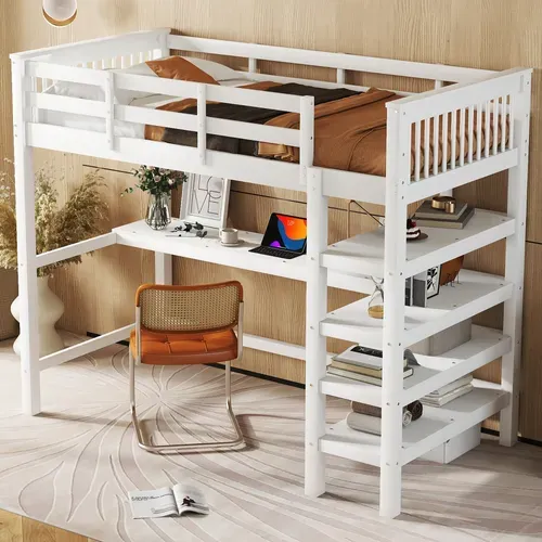 Lit Mezzanine 90x200 Cm Avec étagères Et Bureau Sous Le Lit, Blanc