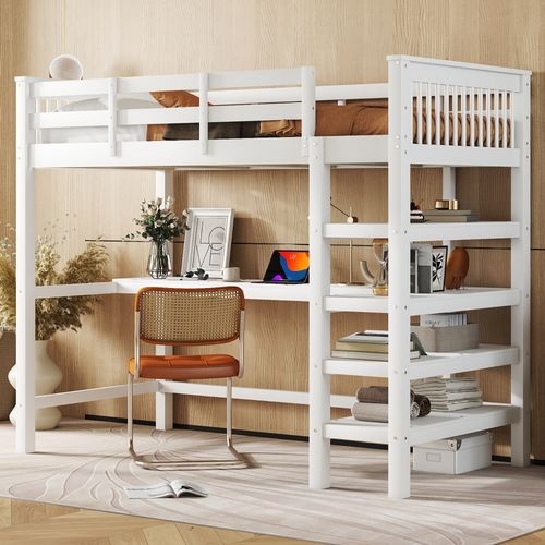 Lit Mezzanine 90x200 Cm Avec étagères Et Bureau Sous Le Lit, Blanc