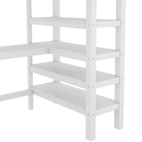 Lit Mezzanine 90x200 Cm Avec étagères Et Bureau Sous Le Lit, Blanc