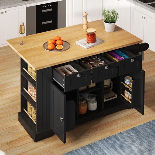 Table De Bar, Table De Cuisine Mobile 132 Cm, Plan De Travail Pliable, Tiroir, Roulettes