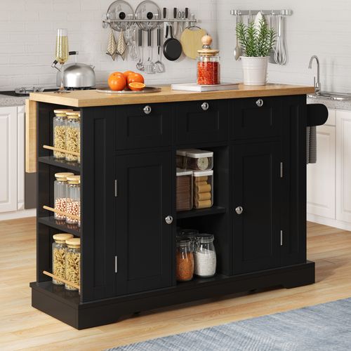 Table De Bar, Table De Cuisine Mobile 132 Cm, Plan De Travail Pliable, Tiroir, Roulettes