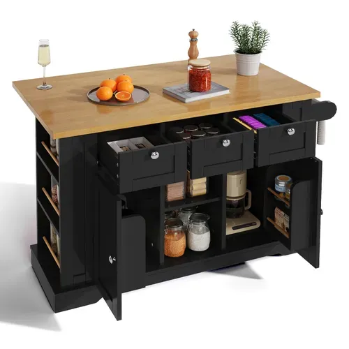 Table De Bar, Table De Cuisine Mobile 132 Cm, Plan De Travail Pliable, Tiroir, Roulettes