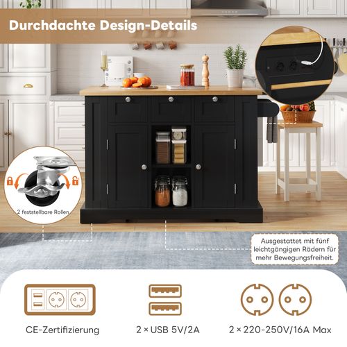 Table De Bar, Table De Cuisine Mobile 132 Cm, Plan De Travail Pliable, Tiroir, Roulettes