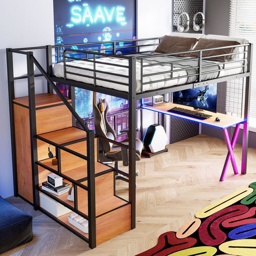 Lit Mezzanine Métal 140x200 Cm Avec Bureau Armoire étagères LED échelle étagère Noir