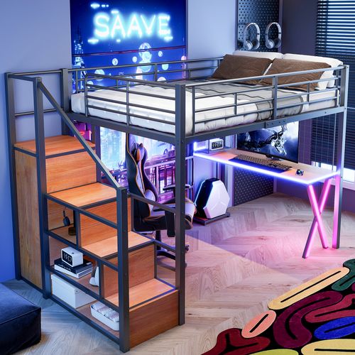 Lit Mezzanine Métal 140x200 Cm Avec Bureau Armoire étagères LED échelle étagère Noir