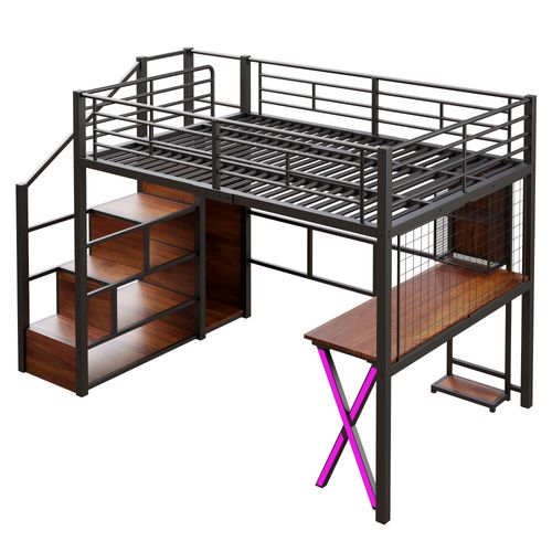 Lit Mezzanine Métal 140x200 Cm Avec Bureau Armoire étagères LED échelle étagère Noir