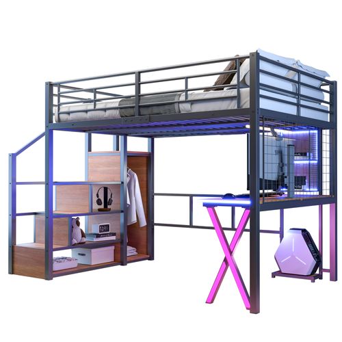 Lit Mezzanine Métal 140x200 Cm Avec Bureau Armoire étagères LED échelle étagère Noir